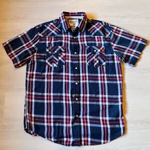 Coastal Men's Western Red White Blue Plaid Short Sleeve Pearl Snap Shirt Size XL